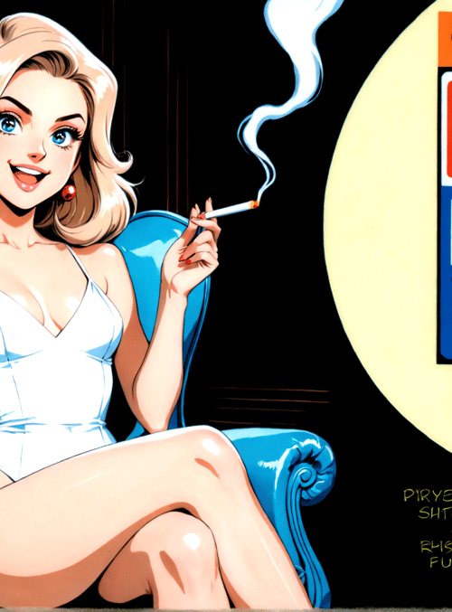 woman, cigarette, chair, poster, text, dress