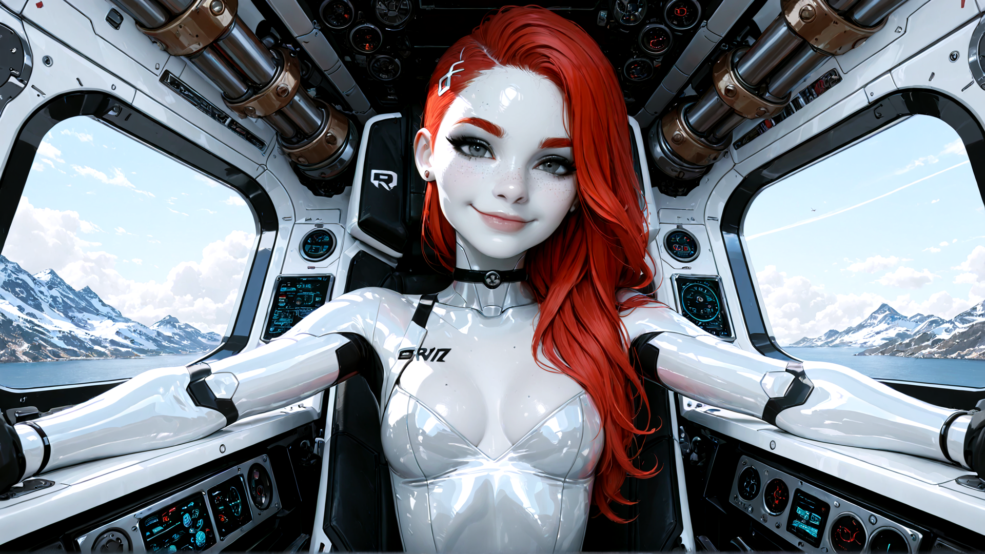 AI generated wallpaper featuring woman, pilot, spaceship, red hair, futuristic suit, cockpit, mountains, water, control panel, gloves