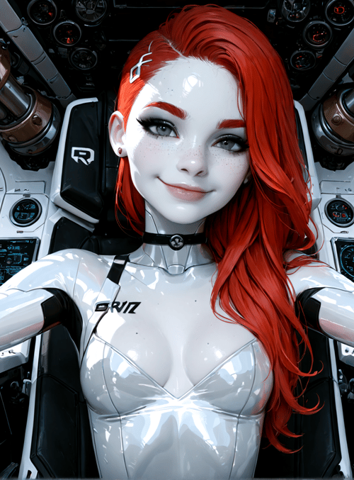 woman, pilot, spaceship, red hair, futuristic suit, cockpit, mountains, water, control panel, gloves
