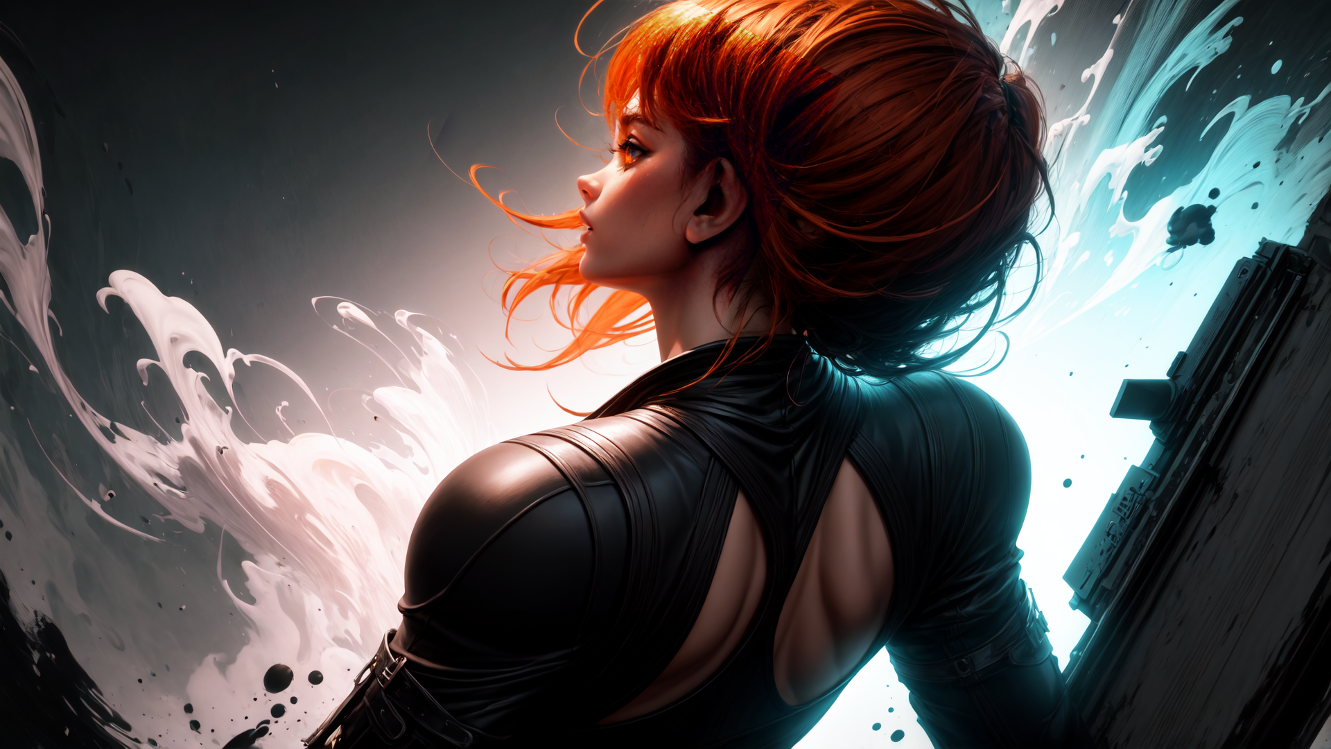 AI generated wallpaper featuring woman, hair, leather, ink, weapon