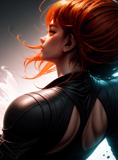 woman, hair, leather, ink, weapon