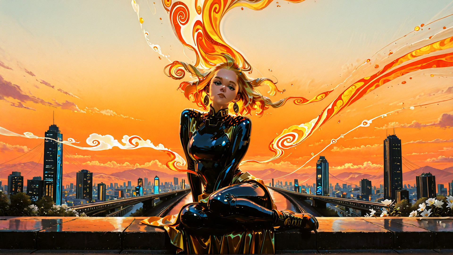 AI generated wallpaper featuring woman, cityscape, sunset, hair, buildings, bridge, flowers