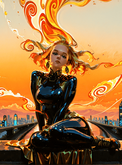 woman, cityscape, sunset, hair, buildings, bridge, flowers