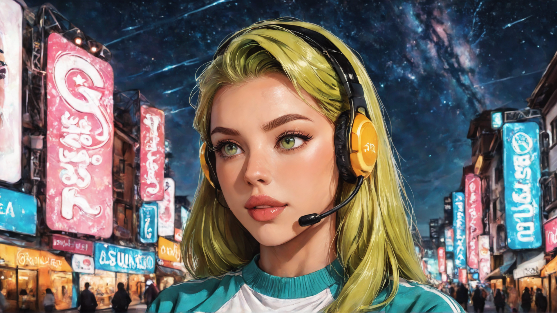 AI generated wallpaper featuring woman, headphones, city, street, signs, neon, night, stars, blonde, buildings