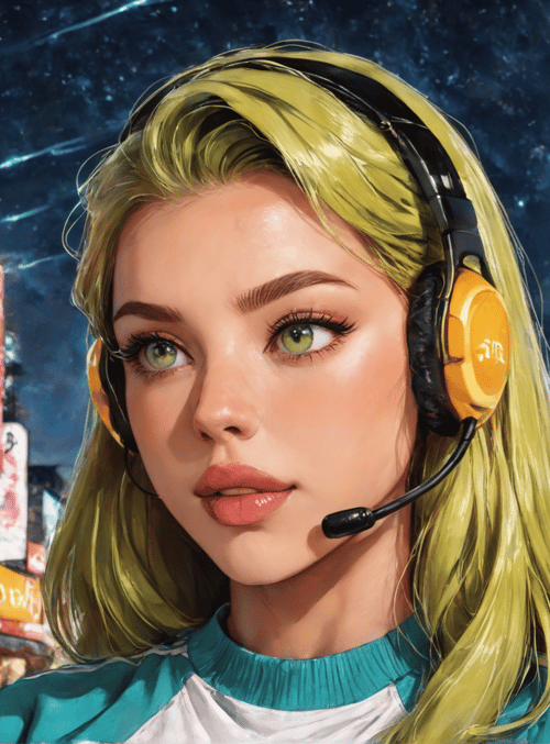 woman, headphones, city, street, signs, neon, night, stars, blonde, buildings