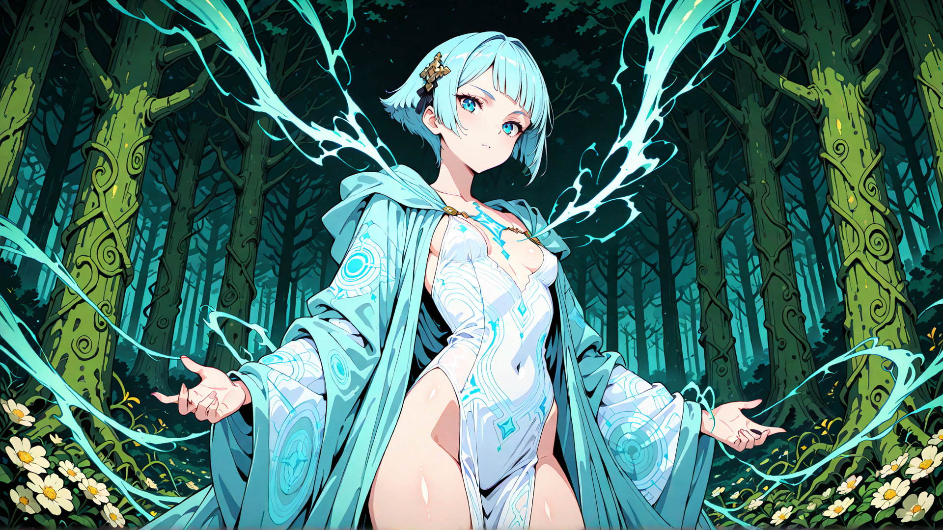 AI generated wallpaper featuring girl, elf, mage, forest, magic