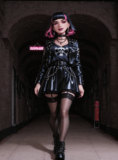 woman, skull, banner, corridor, leather, garter, boot, hair, lantern, sign