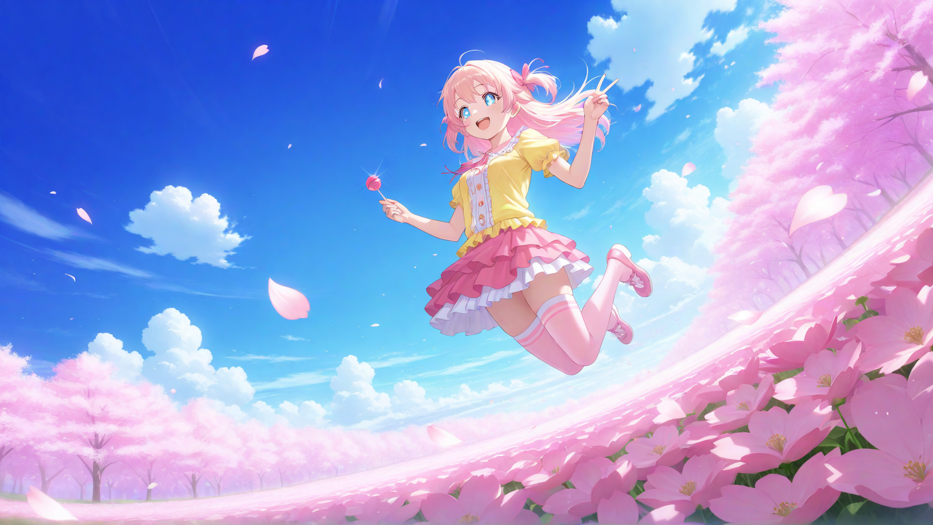 AI generated wallpaper featuring girl, cherry blossoms, lollipop