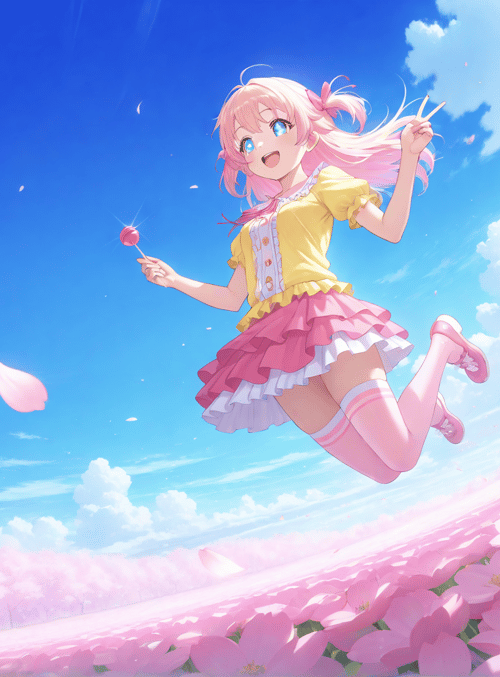 girl, cherry blossoms, lollipop