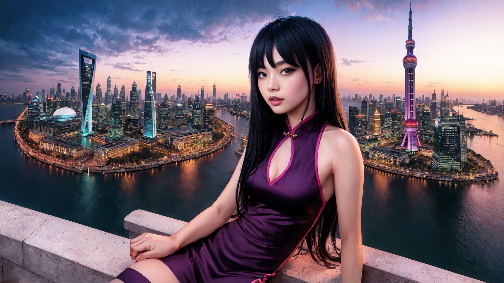AI generated wallpaper featuring woman, cityscape, yellow river