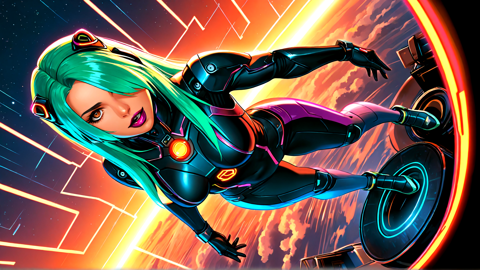 AI generated wallpaper featuring cyborg, woman, spacesuit, goggles, hair, motorcycle, wheel, armor, futuristic, vehicle