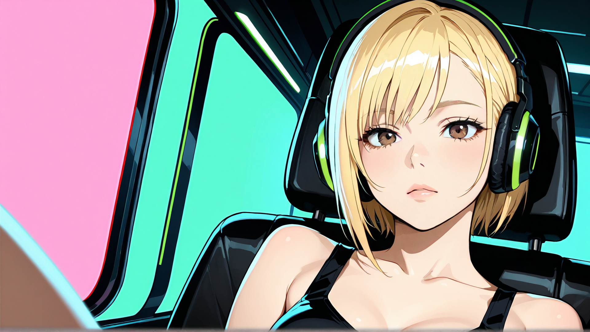 AI generated wallpaper featuring woman, headphones, vehicle, cyberpunk, anime