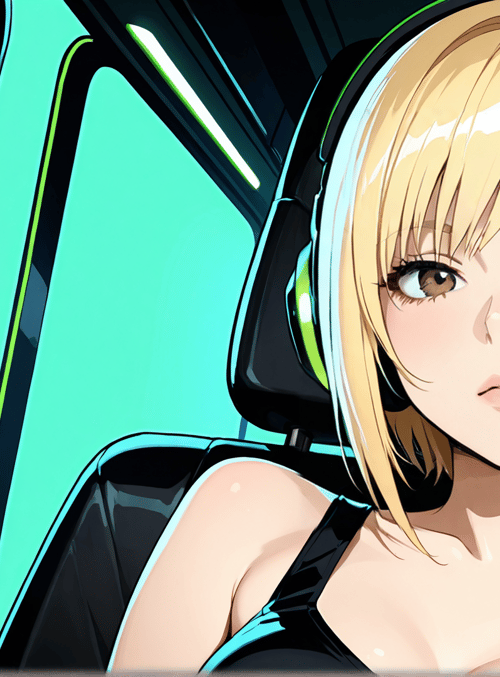 woman, headphones, vehicle, cyberpunk, anime