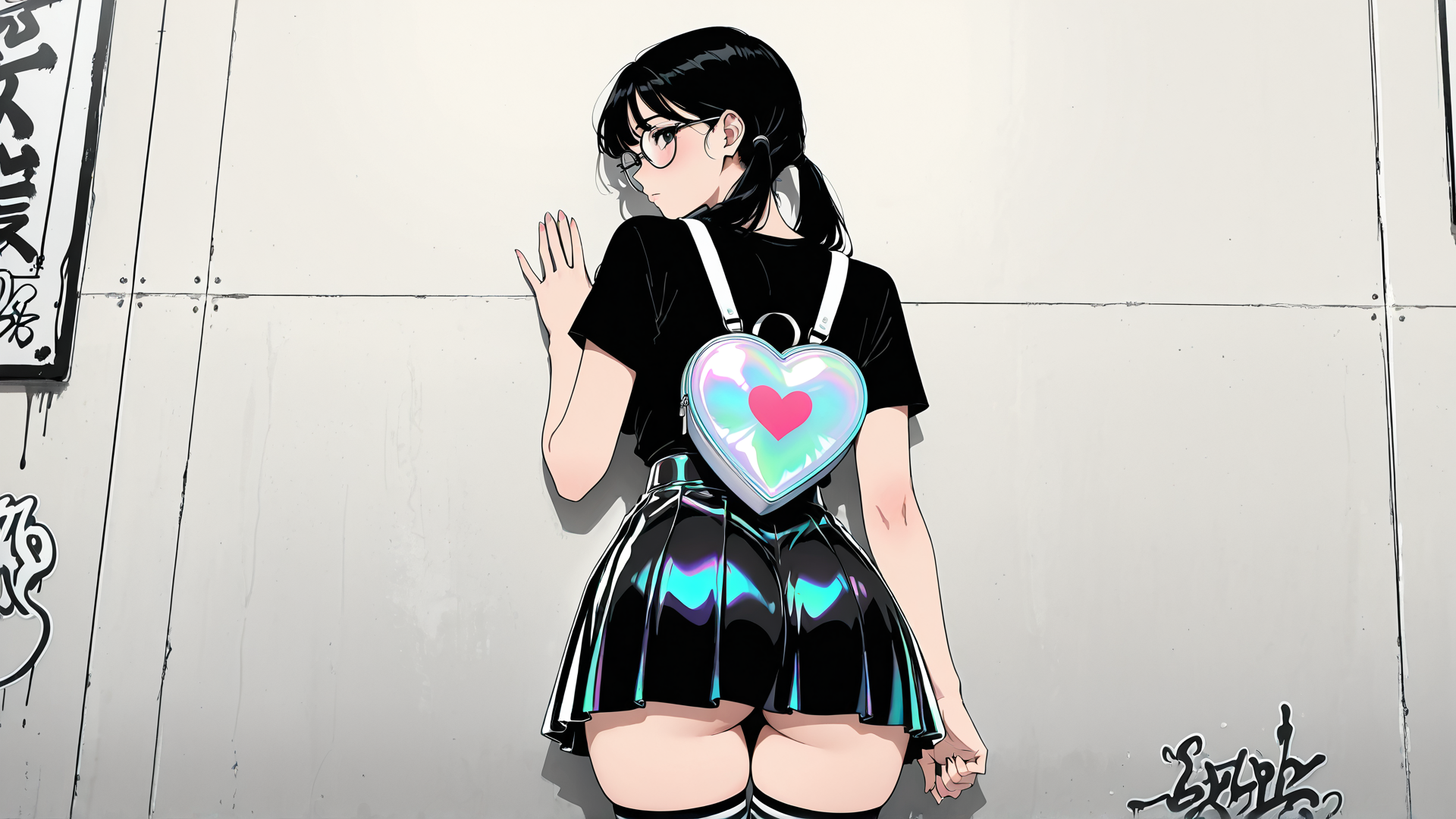 AI generated wallpaper featuring girl, back, skirt, bag, glasses, hair