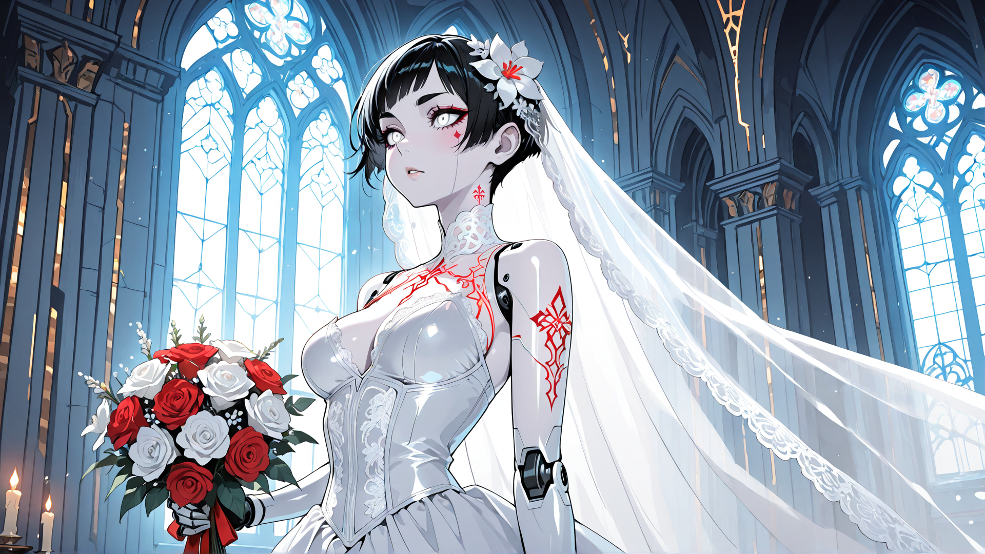 AI generated wallpaper featuring robot, bride, wedding dress, cathedral, flowers, veil, gloved hand, stained glass, chapel, candle