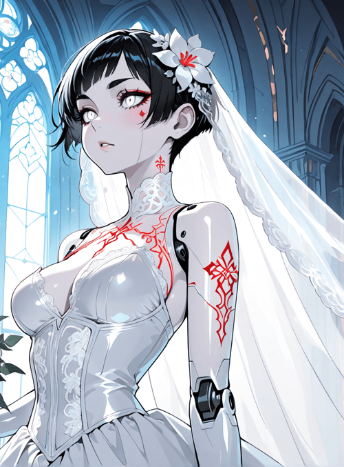 robot, bride, wedding dress, cathedral, flowers, veil, gloved hand, stained glass, chapel, candle