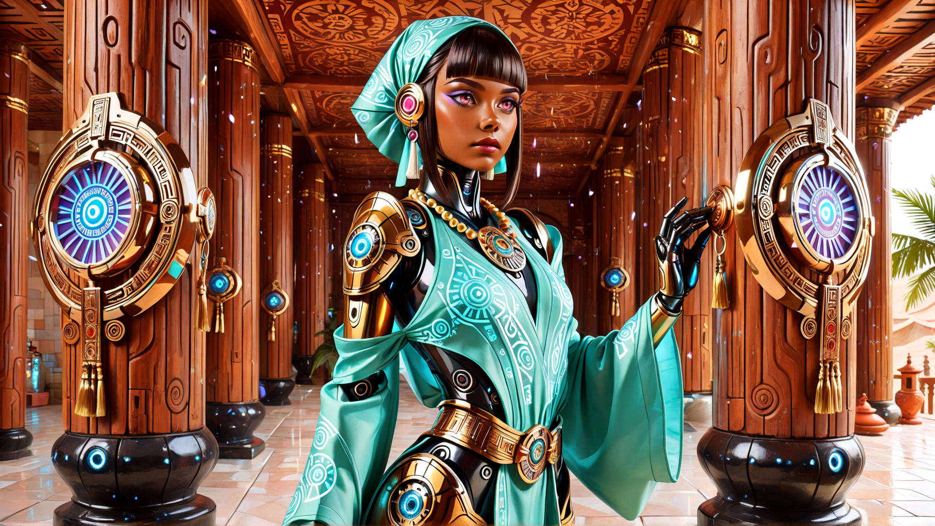 AI generated wallpaper featuring robot, woman, ancient, gears, columns, headscarf, pendant, belt, gloves, tassels