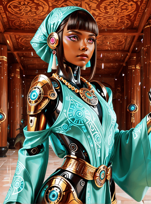 robot, woman, ancient, gears, columns, headscarf, pendant, belt, gloves, tassels