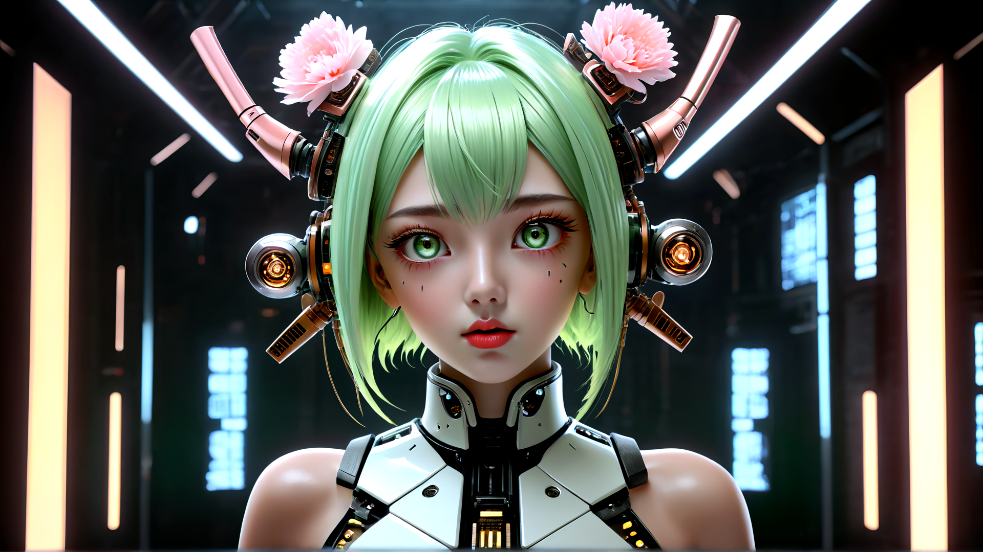 AI generated wallpaper featuring cyborg, robot, anime, girl, flower, mechanical, headset, neon, cherry blossom, sleeveless