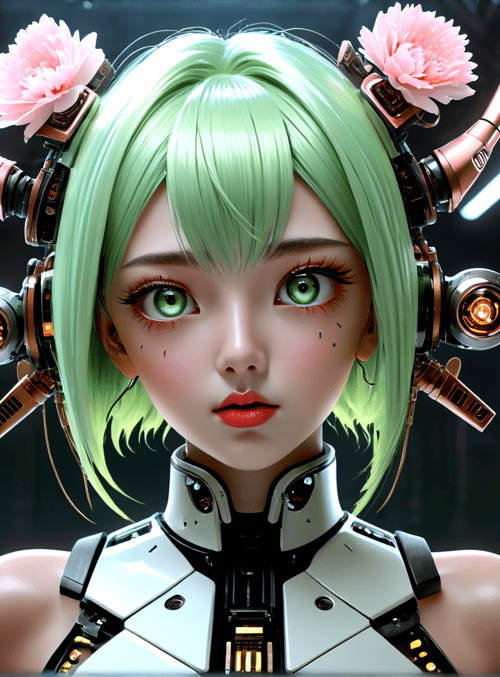 cyborg, robot, anime, girl, flower, mechanical, headset, neon, cherry blossom, sleeveless