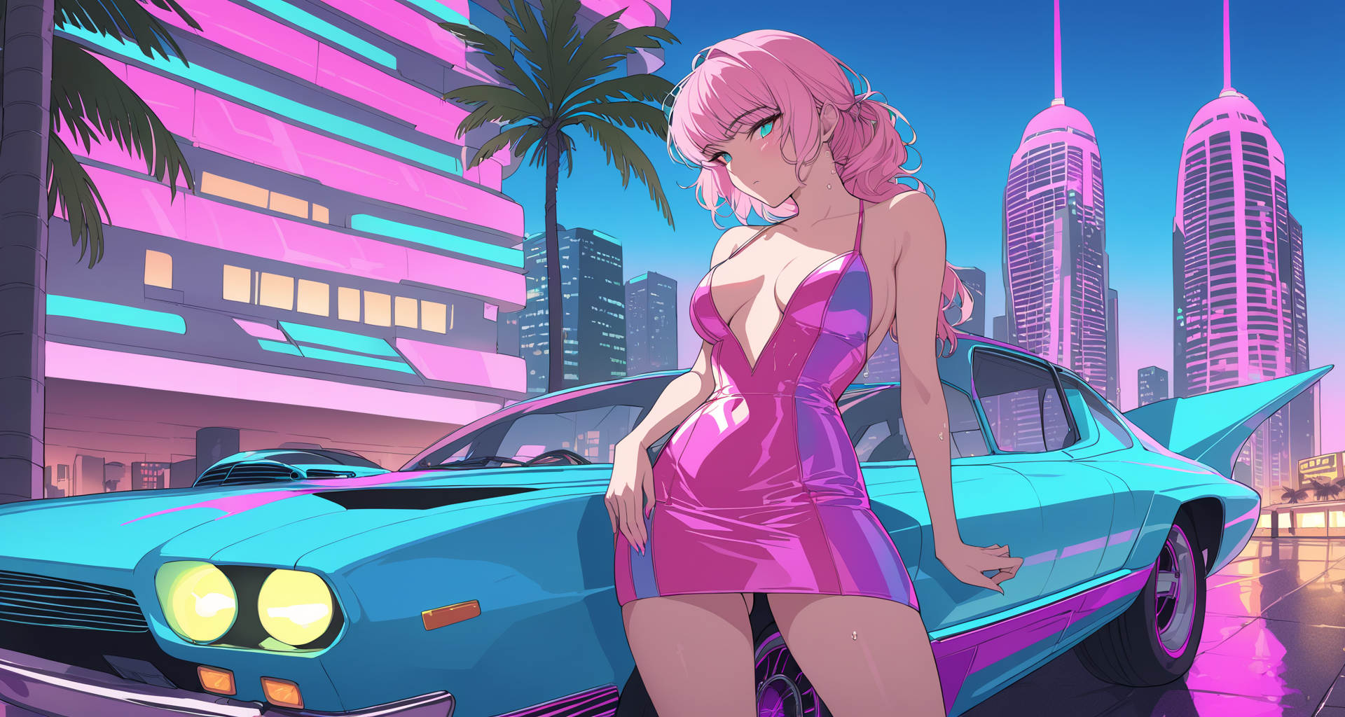 AI generated wallpaper featuring woman, car, city