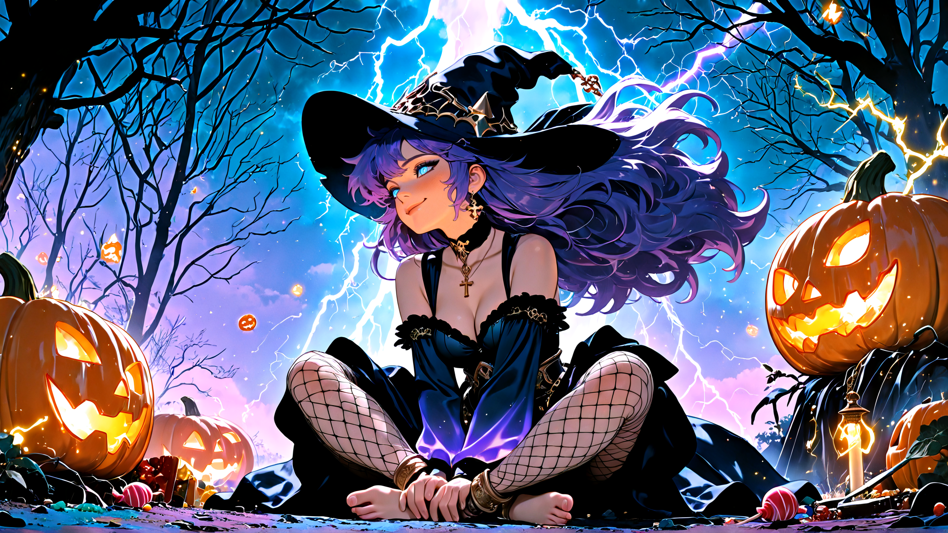 AI generated wallpaper featuring witch, pumpkin, trees, halloween, lollipop, candle, lantern, lightning, dress, socks