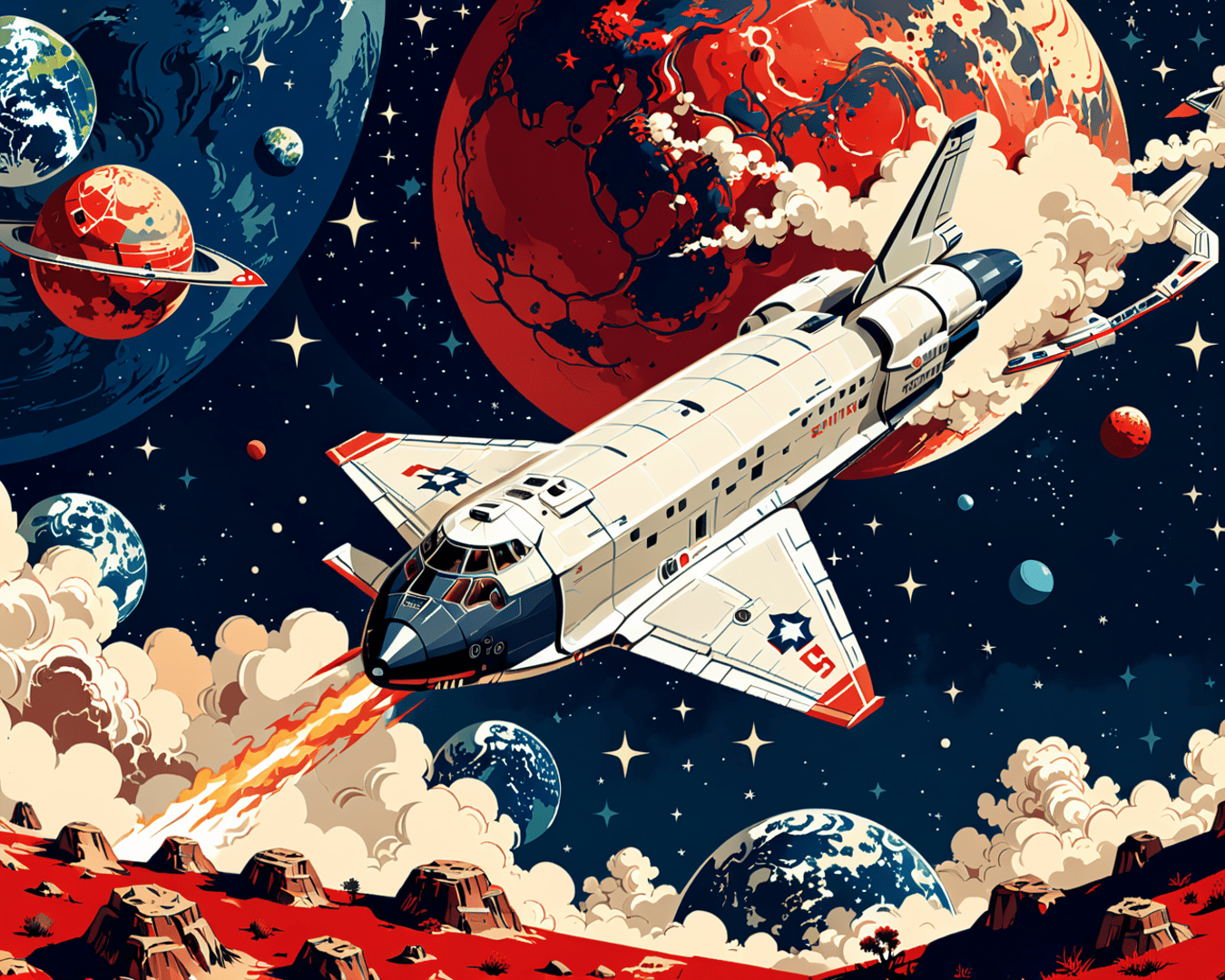 AI generated wallpaper featuring spaceship, planets, stars