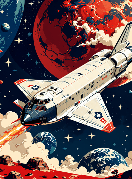 spaceship, planets, stars