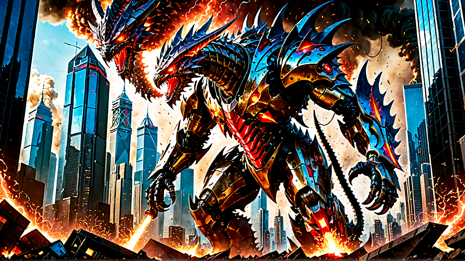 AI generated wallpaper featuring robot, dragon, city, fire, spikes, buildings, destruction, armor, giant, weapons