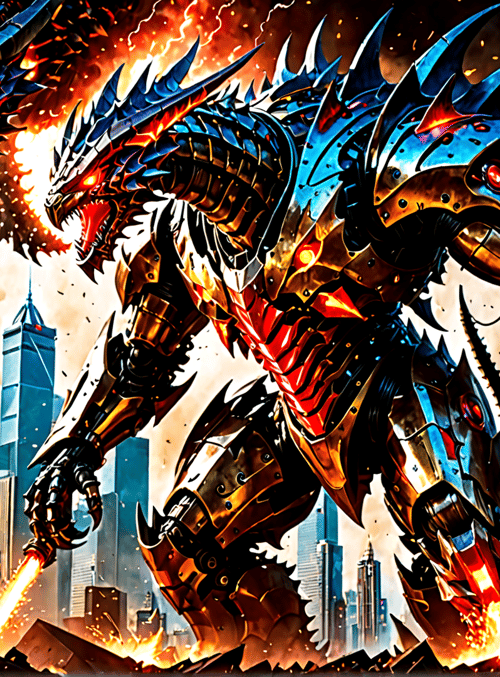 robot, dragon, city, fire, spikes, buildings, destruction, armor, giant, weapons