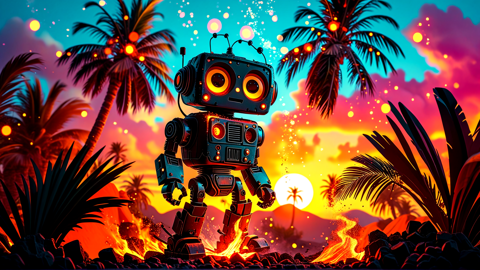 AI generated wallpaper featuring robot, palm tree, sunset, fire, landscape