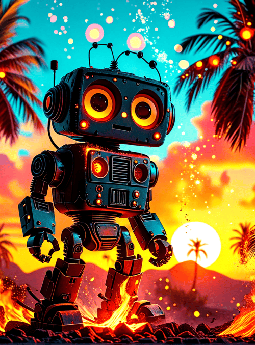 robot, palm tree, sunset, fire, landscape