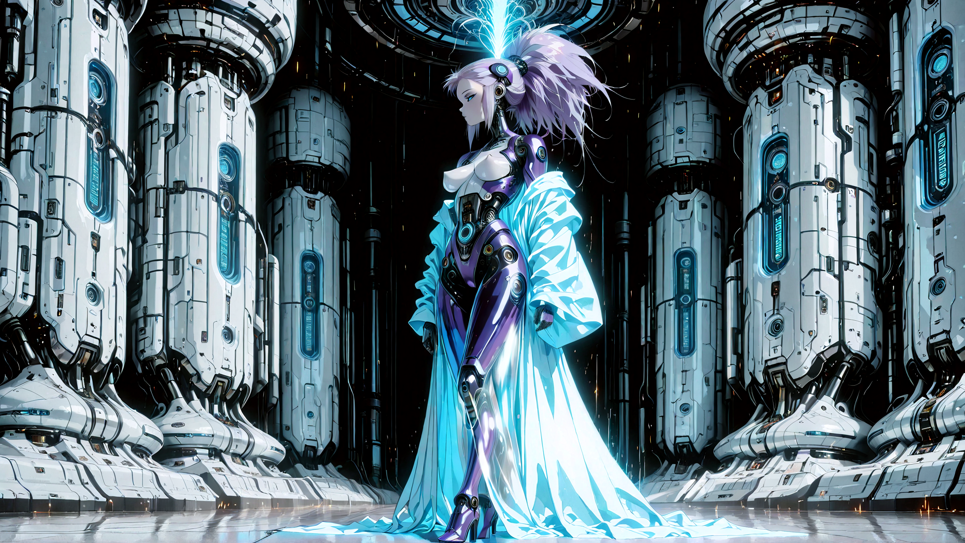 AI generated wallpaper featuring cyborg, robot, fashion, gown, neon, hologram, futuristic, surreal, cyberpunk, digital
