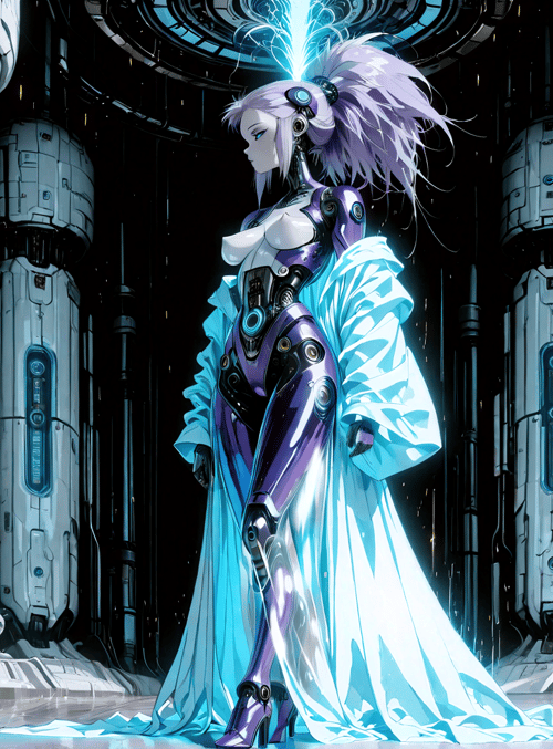 cyborg, robot, fashion, gown, neon, hologram, futuristic, surreal, cyberpunk, digital