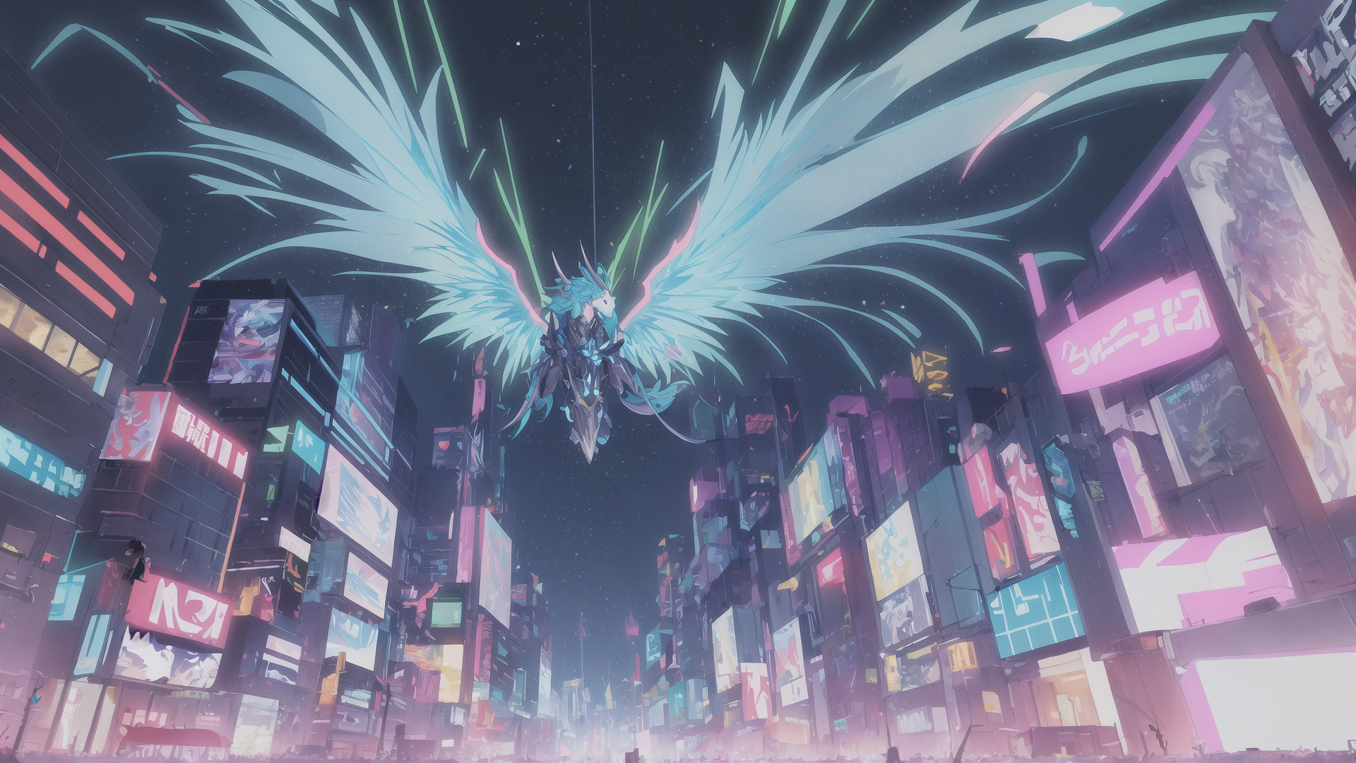 AI generated wallpaper featuring flying character, cityscape, neon signs