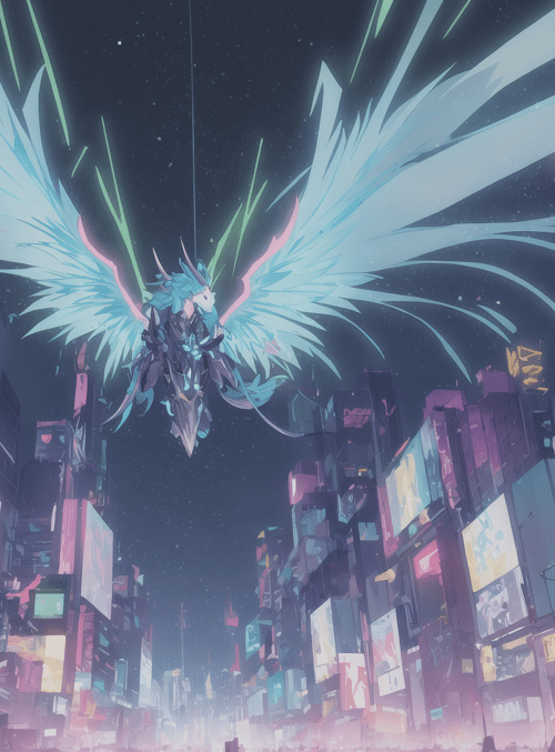 flying character, cityscape, neon signs