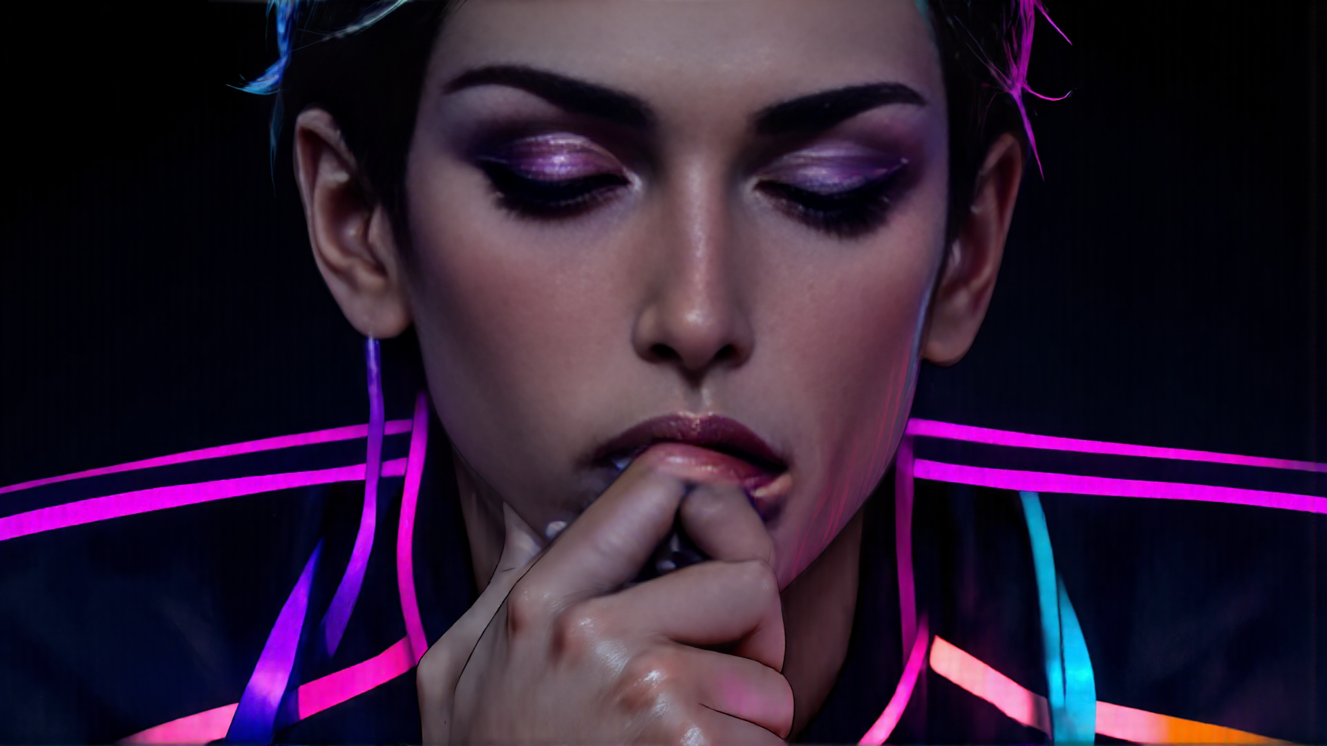 AI generated wallpaper featuring woman, neon, finger