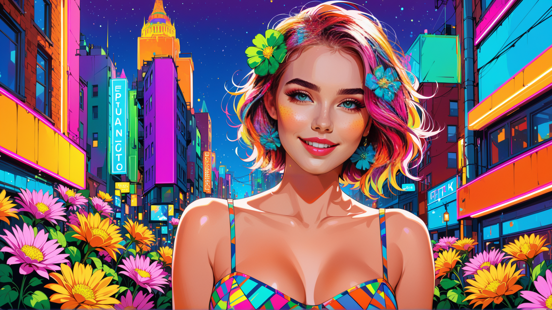 AI generated wallpaper featuring woman, cityscape, flowers