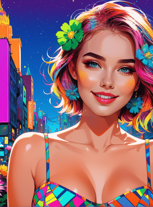 woman, cityscape, flowers