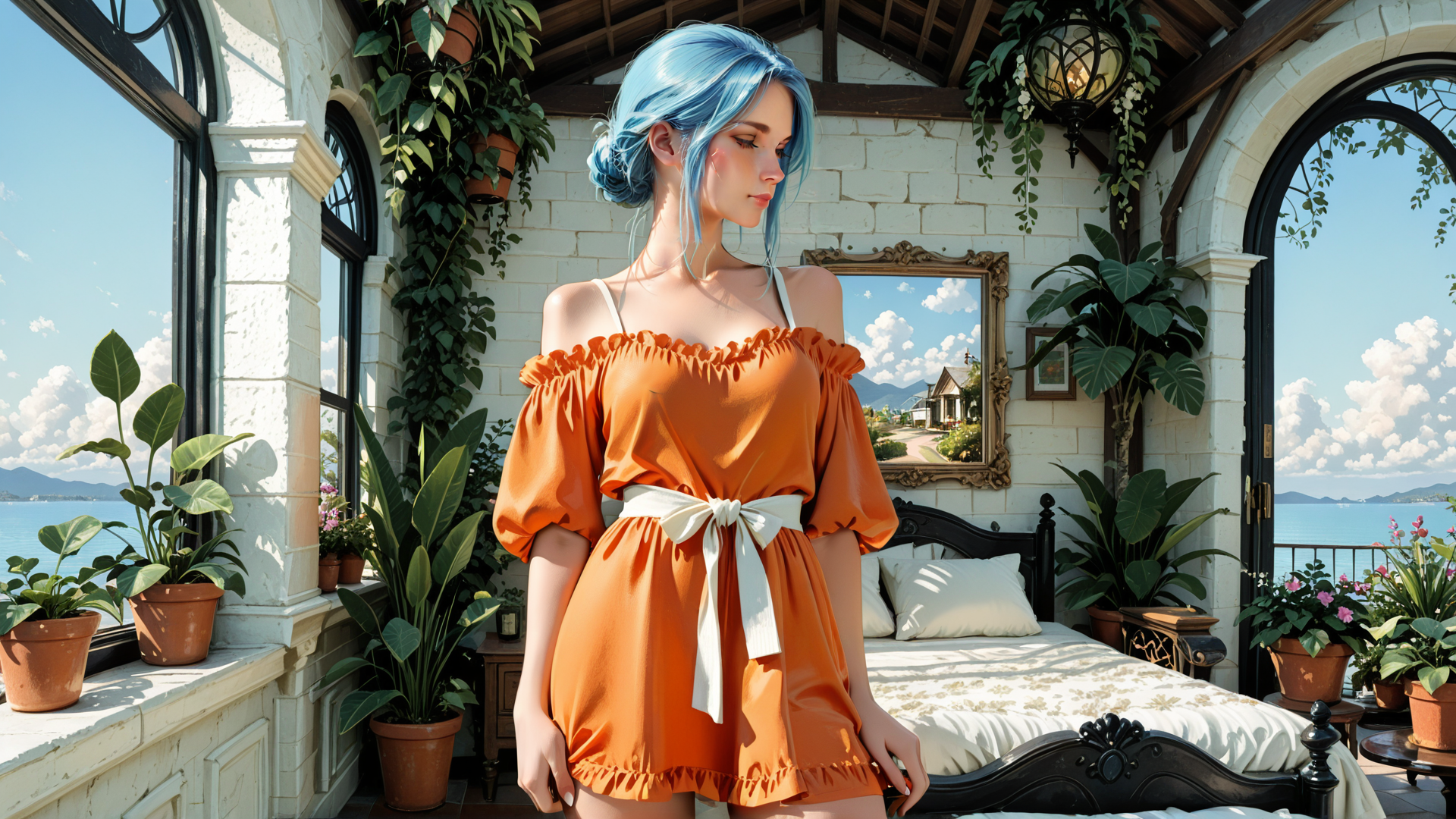AI generated wallpaper featuring woman, dress, room, plants, bed