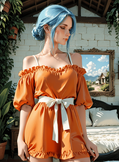 woman, dress, room, plants, bed
