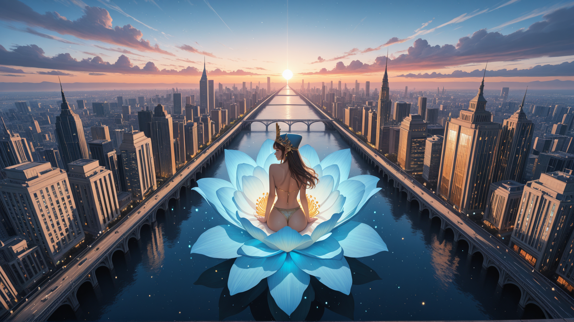 AI generated wallpaper featuring woman, lotus, cityscape, sunrise, river, bridge, skyscrapers