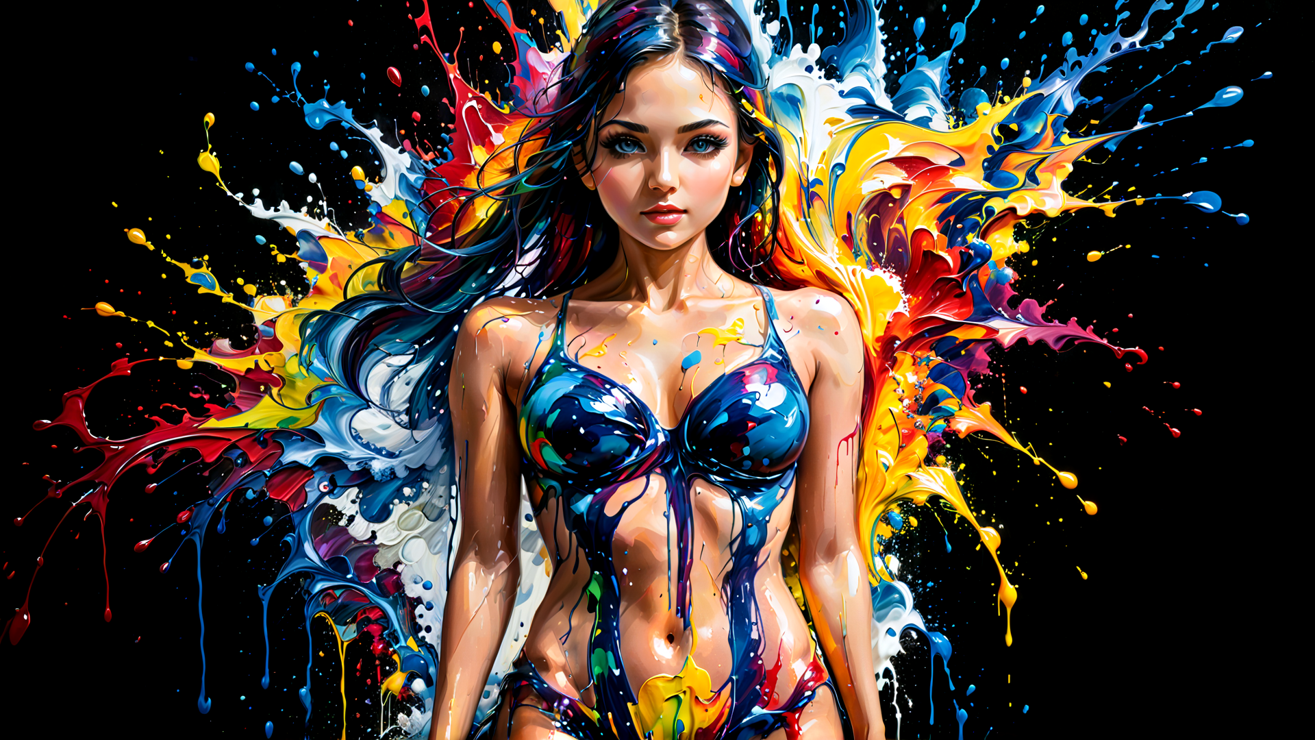 AI generated wallpaper featuring woman, paint, bikini, splatter