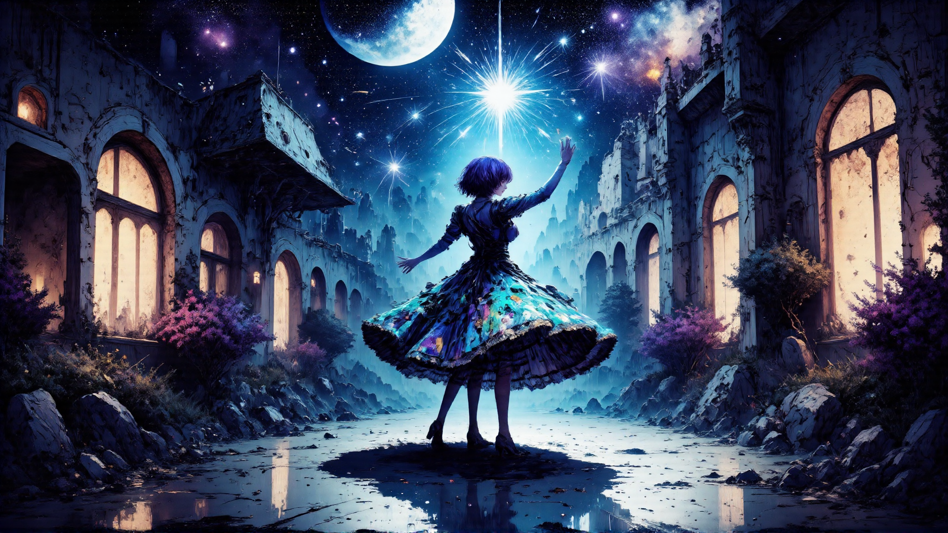 AI generated wallpaper featuring girl, ruins, stars