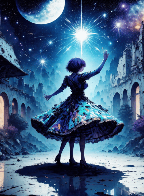 girl, ruins, stars