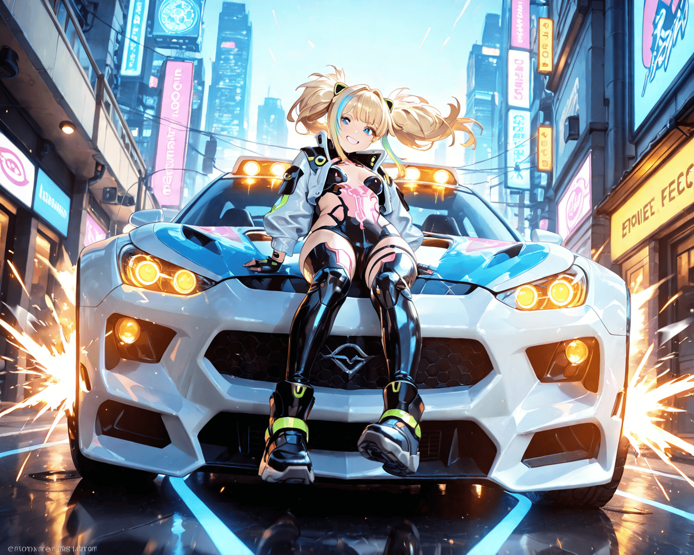 AI generated wallpaper featuring anime girl, sports car, city