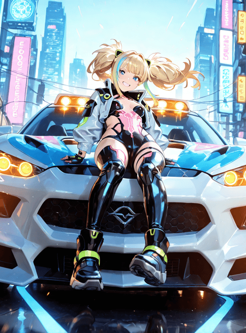 anime girl, sports car, city
