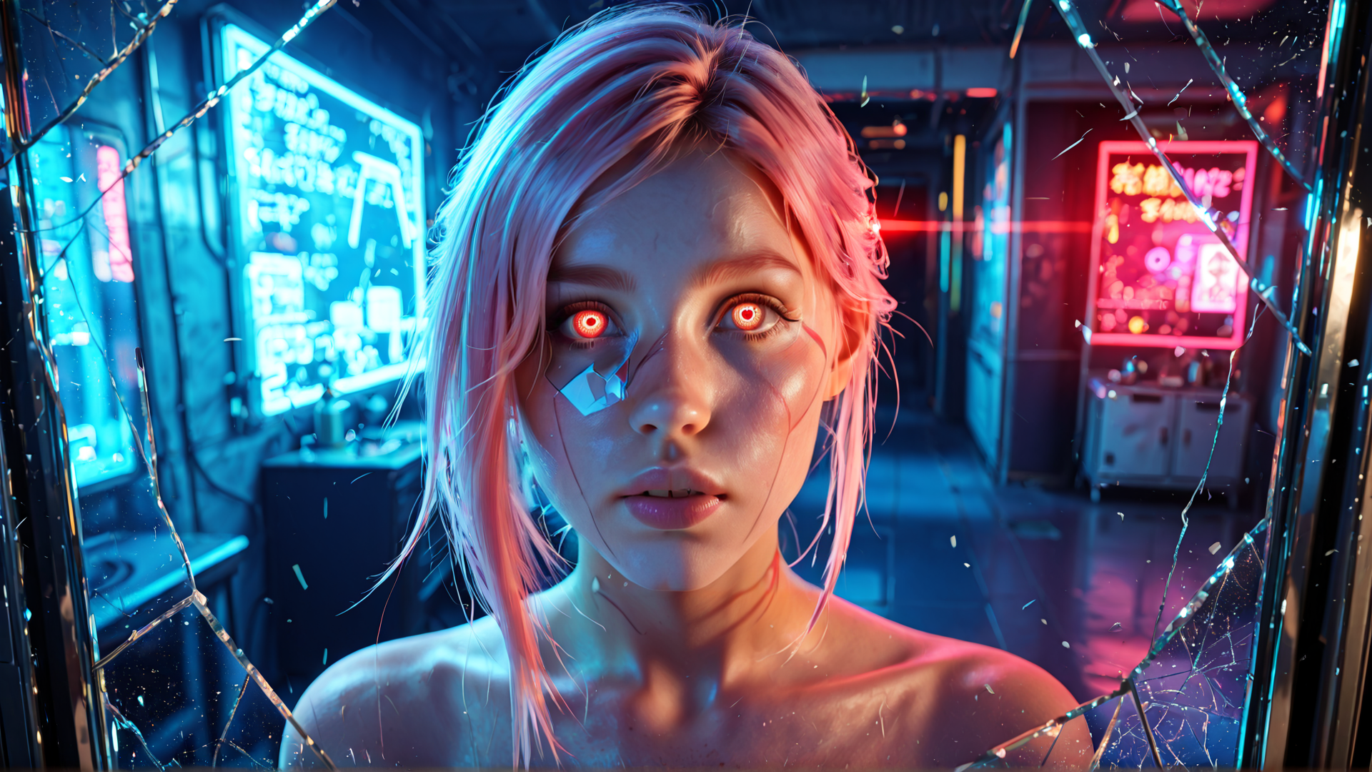 AI generated wallpaper featuring woman, neon, cyberpunk, glass, broken