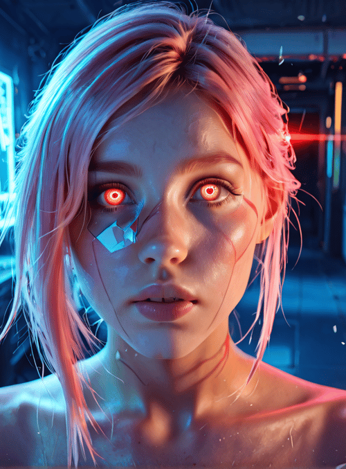 woman, neon, cyberpunk, glass, broken