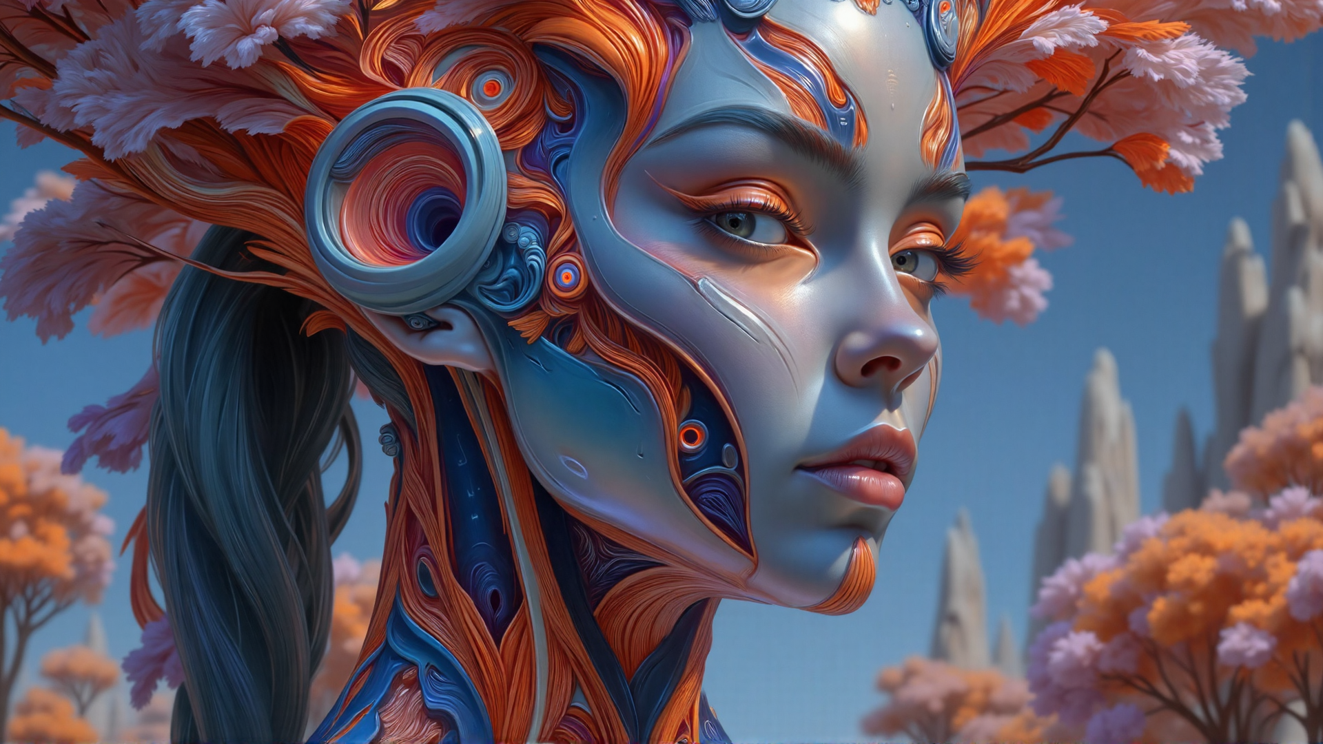 AI generated wallpaper featuring cybernetic, woman, tree, nature, art
